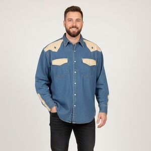Vtg Merrill & Forbes Western Denim Snap Shirt XXL Tan Yokes P2P 29-30" Blue